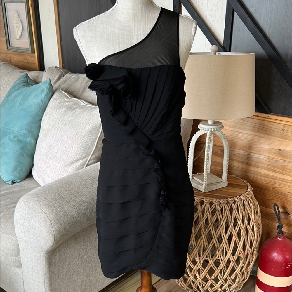 Max & Cleo Black Asymmetrical Ruched Cocktail Dress, black dress size 6